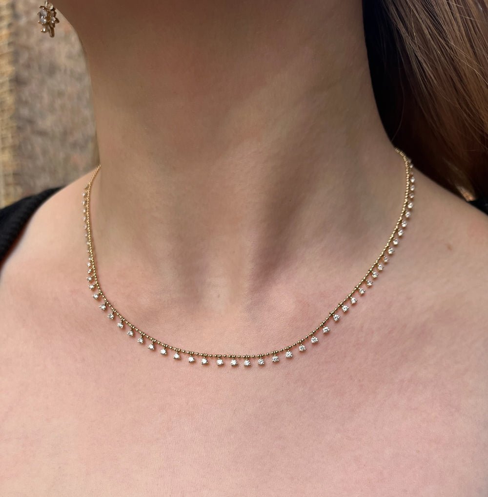 14k Gold Dangling Diamond Ball Chain Necklace