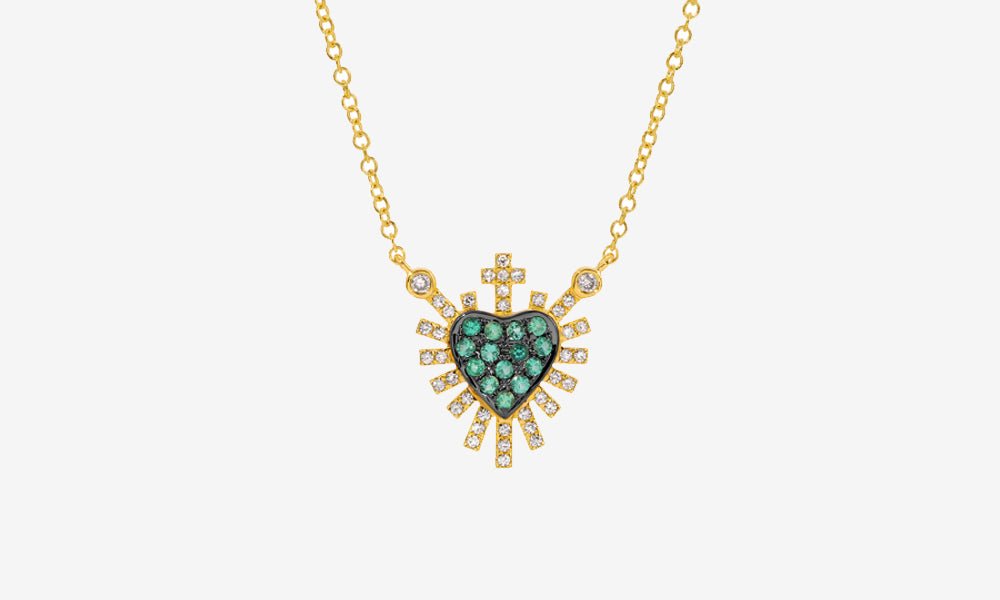 14k Gold Emerald + Diamond Sacred Heart Necklace