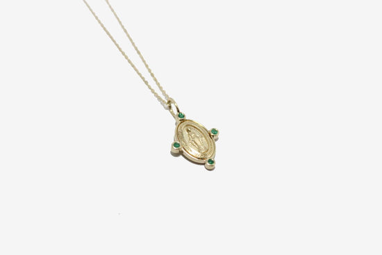 14k Gold Emerald Miraculous Medal Necklace