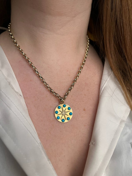 14k Gold Turquoise Compass Pendant