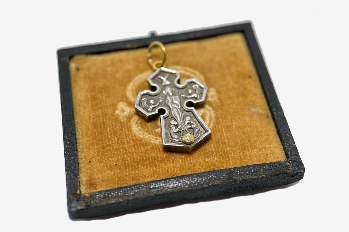 24k Gold + Oxidized Silver Byzantine Cross Pendant