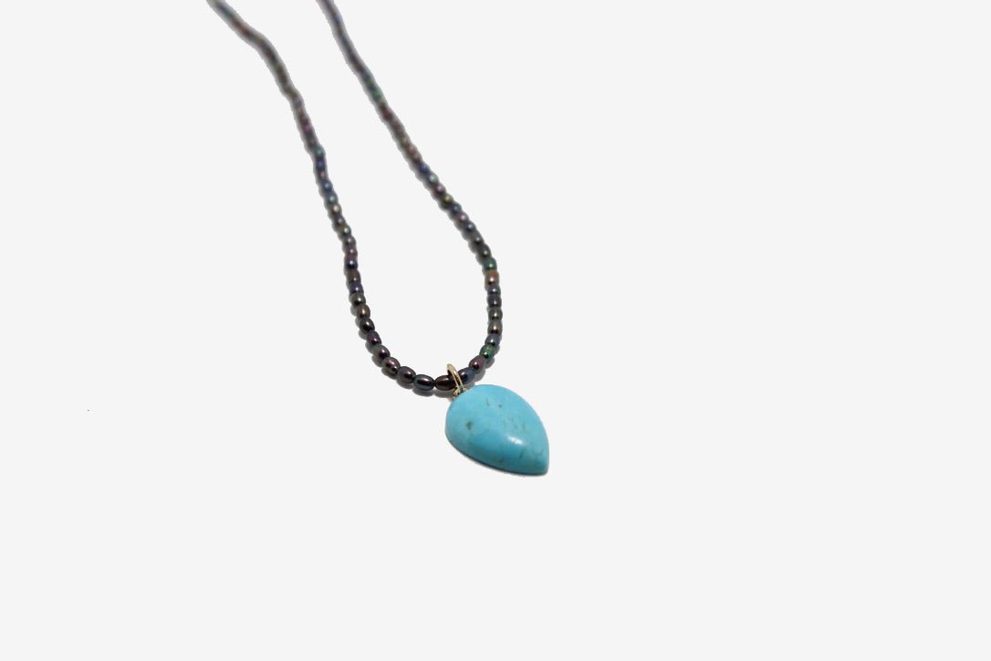 Beaded Black Pearl + Turquoise Necklace