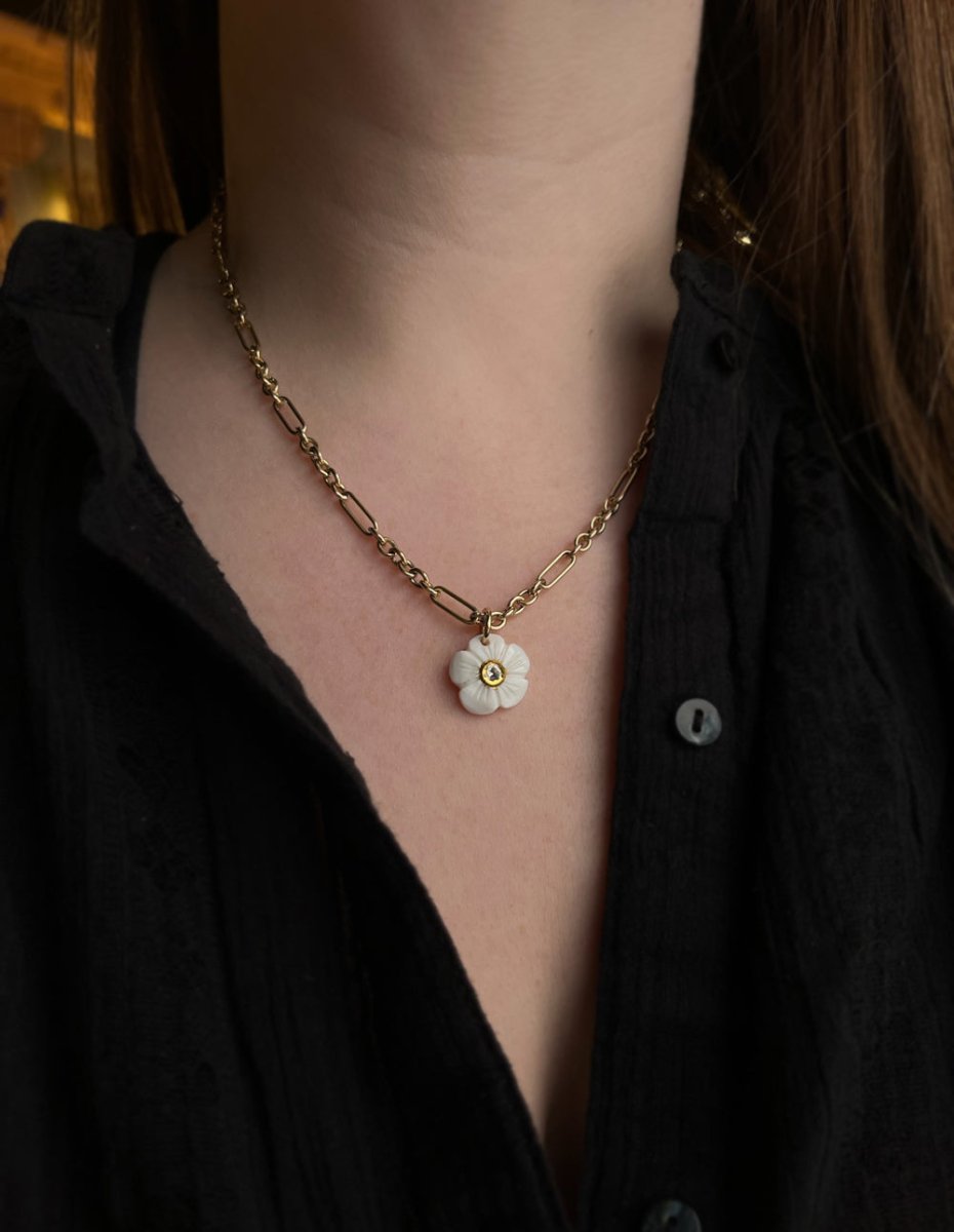 Carved Mother of Pearl + Diamond Flower Pendant