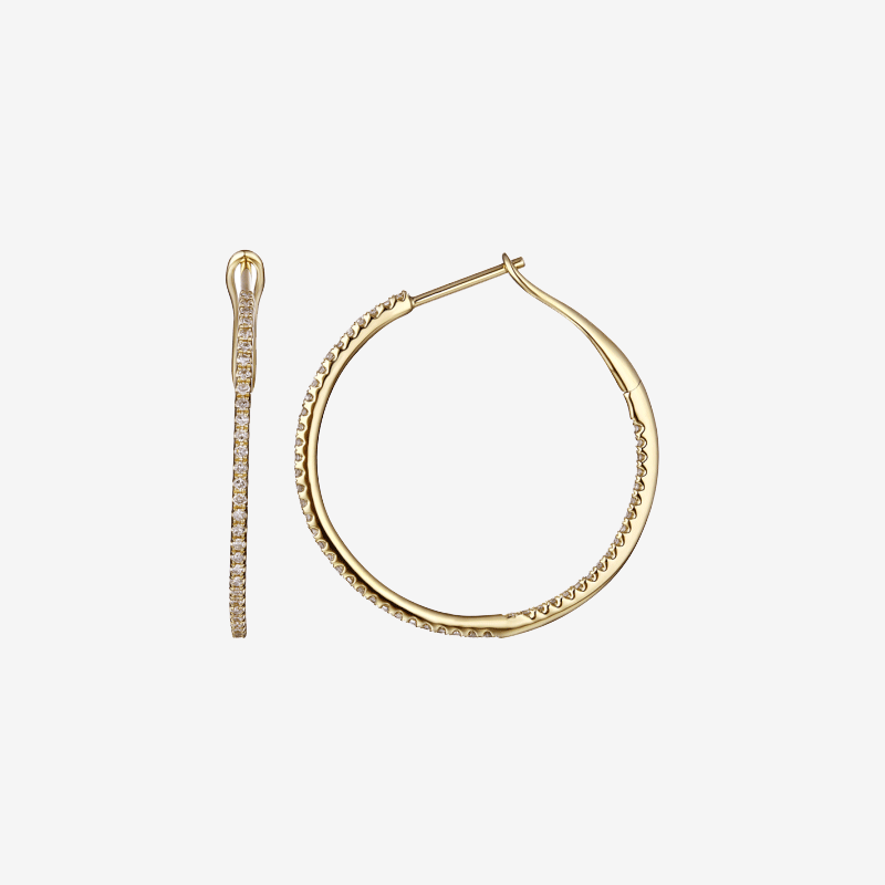 14k Gold Round Diamond Hoop Earrings -2 sizes